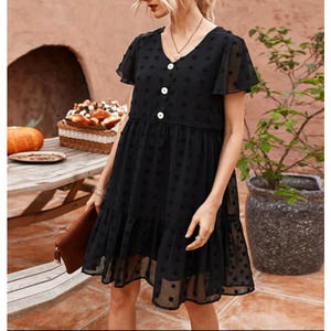 Chigant Womens Swiss Dot Ruffle Short Sleeve High Waist Swing Mini Dress Size S